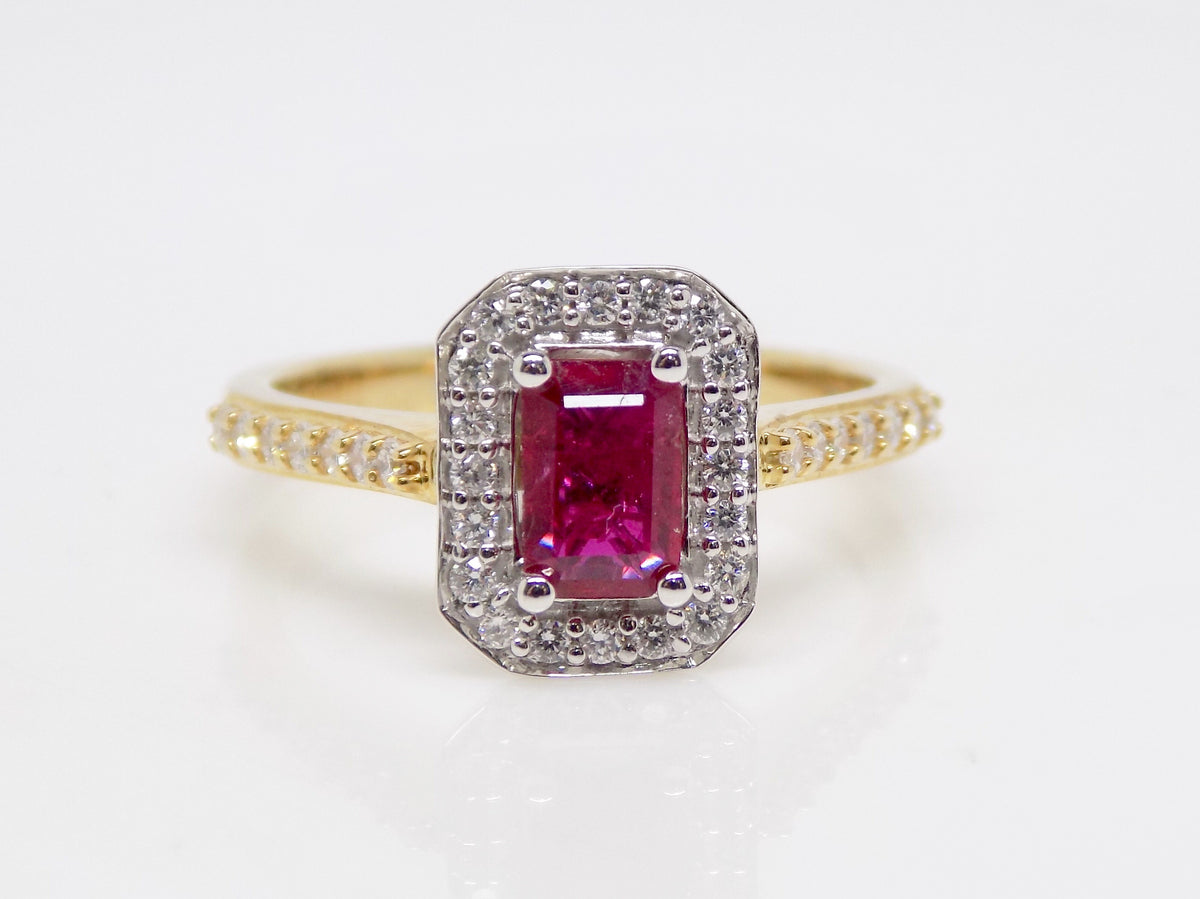9ct Yellow Gold Rectangular Ruby Diamond Halo Diamond Shoulders Engage ...