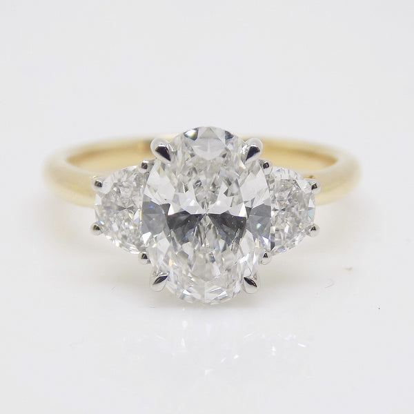 18CT Y/G and Platinum Head 3 Lab Grown Diamonds, Centre Oval and 2 side Half Moon, 2.01ct Engagement Ring SKU 7707109