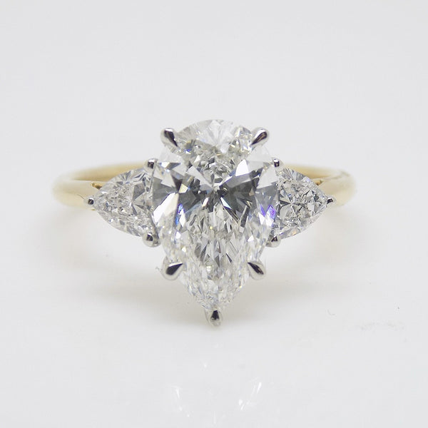 18CT YG and Platinum Head 3 Lab Grown Diamonds, Centre Pear and 2 Rounded Trillion Sides, 2.54ct Engagement Ring SKU 7707112