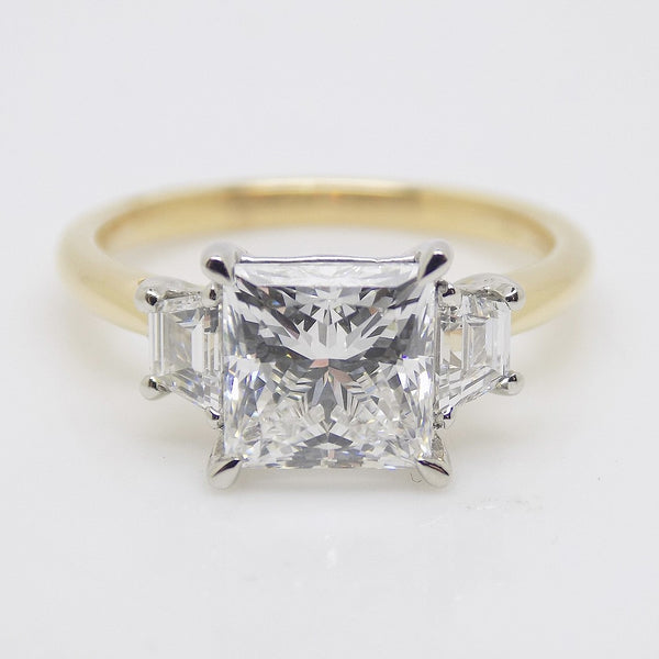 18CT YG and Platinum Head 3 Lab Grown Diamonds, Centre Princess Cut and Step Cut Trapezoid Sides 2.59ct Engagement Ring SKU 7707114