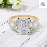 18CT YG and Platinum Head 3 Lab Grown Diamonds, Centre Emerald Cut and side Step Cut Trapezoids 3.03ct Engagement Ring SKU 7707115