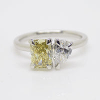 Platinum "Toi et Moi" Lab Grown 1.01ct Rectangular Fancy Vivid Yellow Diamond with Lab Grown 0.51ct Pear Diamond Ring SKU 7708001