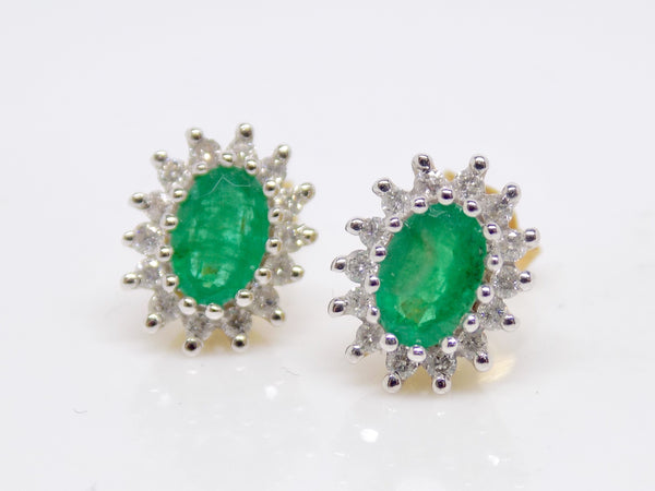 9ct Yellow Gold Oval Cut Emerald Diamond Halo Earrings SKU 1542010