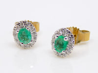 9ct Yellow Gold Oval Cut Emerald Diamond Halo Earrings SKU 1542051