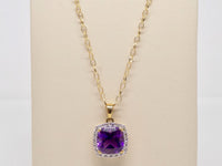 9ct Yellow Gold Square Amethyst Halo Diamond Pendant SKU 5102001