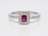 18ct White Gold Emerald Cut Ruby & Diamond Halo/Shoulders Engagement Ring 0.36ct SKU 8802094
