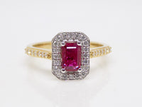 9ct Yellow Gold Rectangular Ruby Diamond Halo Diamond Shoulders Engagement Ring SKU 5606045