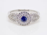 18ct White Gold Round Brilliant Sapphire, Double Halo & Round Side Diamonds Cluster Engagement Ring SKU 8802083