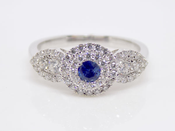 18ct White Gold Round Brilliant Sapphire, Double Halo & Round Side Diamonds Cluster Engagement Ring SKU 8802083