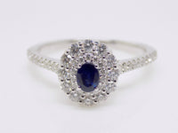 9ct White Gold Oval Sapphire Double Diamond Halo Diamond Shoulders Ring SKU 5706037