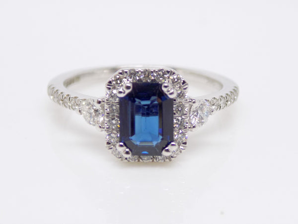 9ct White Gold Rectangular Sapphire Halo Diamond/Diamond Shoulders Engagement Ring SKU 5706052