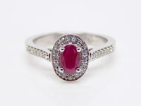 9ct White Gold Oval Ruby Diamond Halo Diamond Shoulders Engagement Ring SKU 6107020