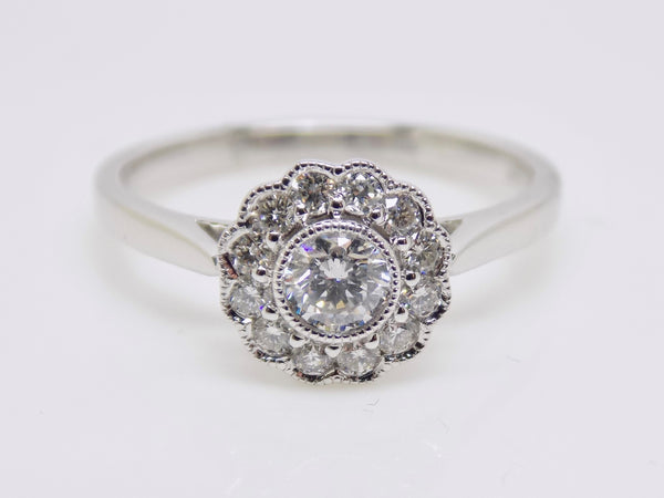 9ct White Gold Beaded Edge 13 Rubover Diamonds Halo Flower Cluster Engagement Ring 0.40ct SKU 6107059