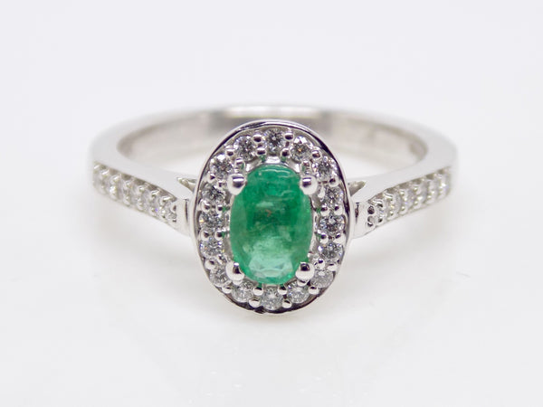 9ct White Gold Oval Emerald Diamond Halo/Shoulders Engagement Ring SKU 6109030