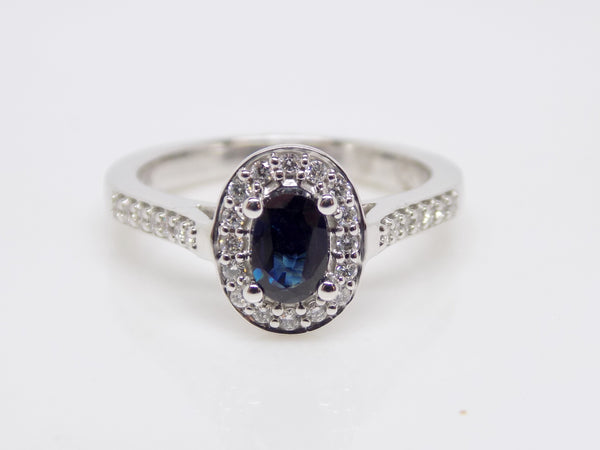 9ct White Gold Oval Sapphire Halo Diamond/Diamond Shoulders Engagement Ring SKU 6109031