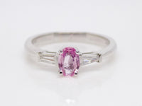 18ct White Gold Oval Pink Sapphire and Baguette Diamond 3 Stone Engagement Ring SKU 8802088