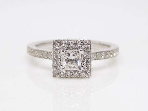 18ct White Gold Princess Cut Diamond Shoulders Diamond Halo Engagement Ring 0.63ct SKU 8802092