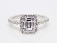 18ct White Gold Diamond Shoulders Baguette And Round Diamond Halo Cluster Engagement Ring 0.60ct SKU 8802096