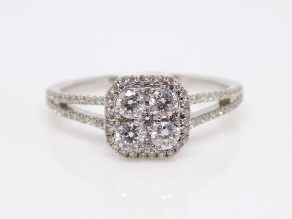 18ct White Gold Split Shoulder Round Brilliant Diamond Halo Engagement Ring 0.60ct SKU 8802015