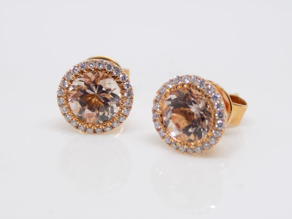 18ct Rose Gold Round Morganite Diamond Halo Earrings 1.57ct/0.17ct SKU 7611001